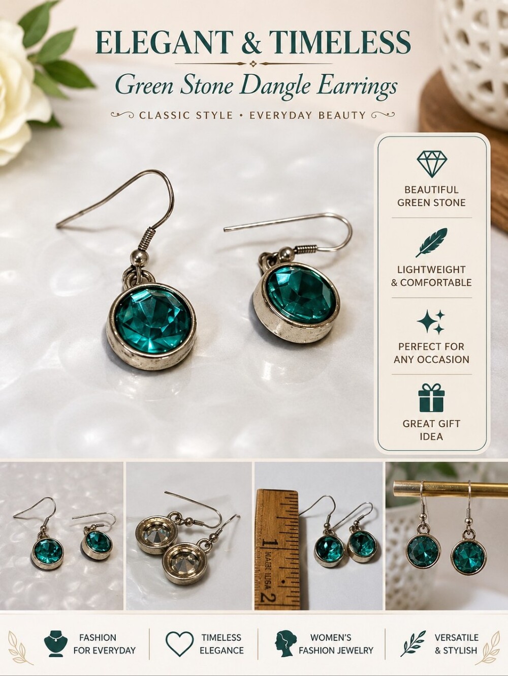 Silver Tone Teal Green Crystal‎ Dangle Earrings Round Faceted Fashion Jewelry